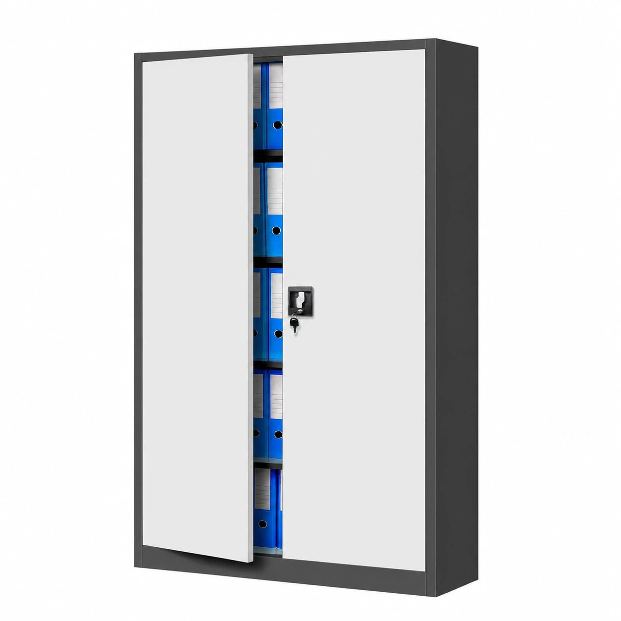 Armoire, avec portes, en acier, coloris blanc et anthracite, pour la chambre