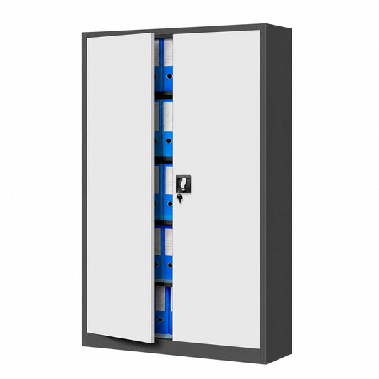 Armoire, avec portes, en acier, coloris blanc et anthracite, pour la chambre