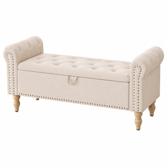 Lit, avec rangement, en lin, coloris beige, pour la chambre